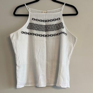 Cotton high neck white tank with black embroidery